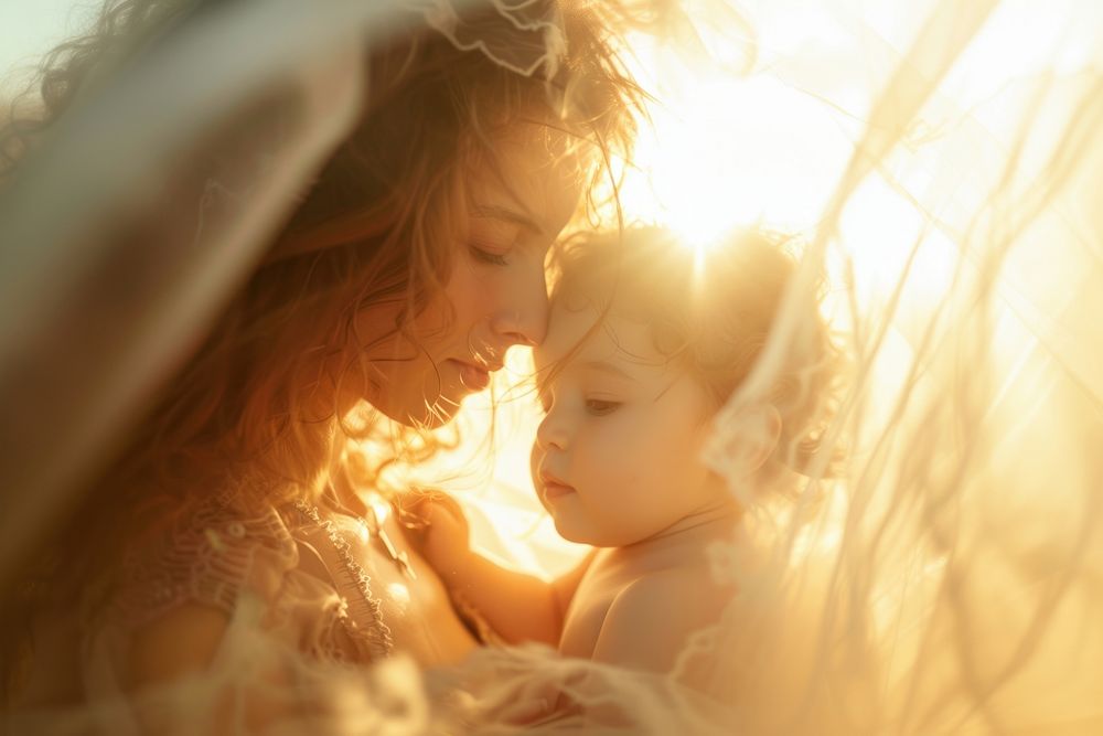 Mother and child sunlight portrait outdoors.