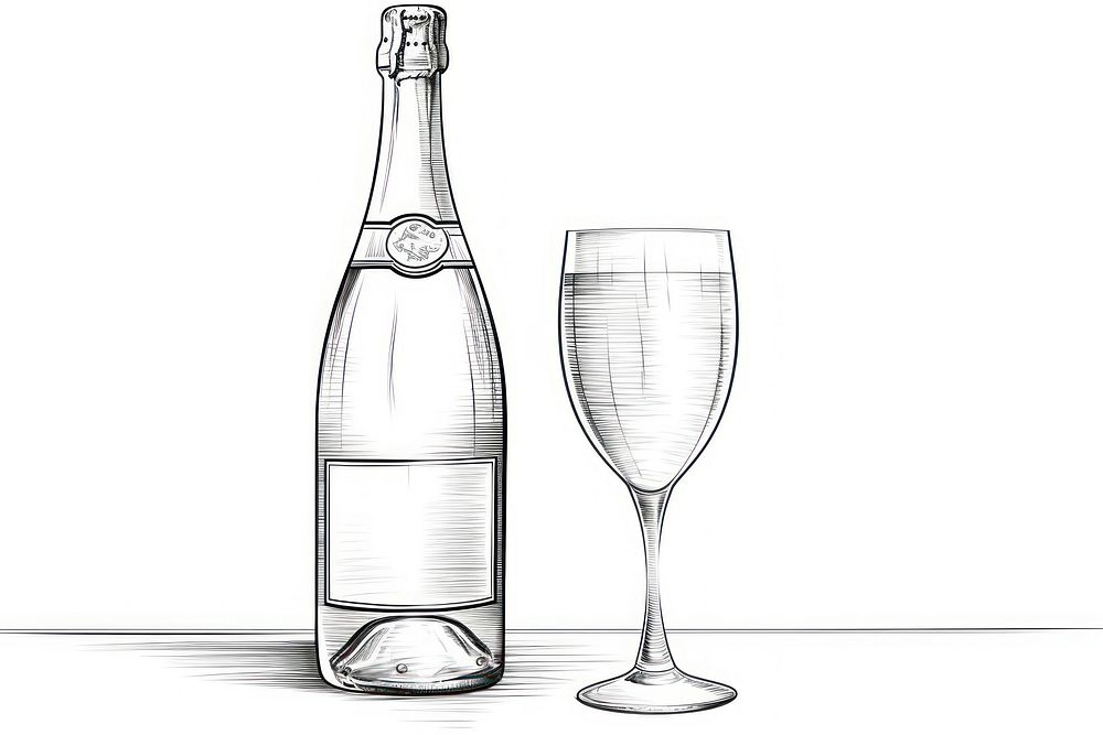 Champage outline sketch bottle glass drink.