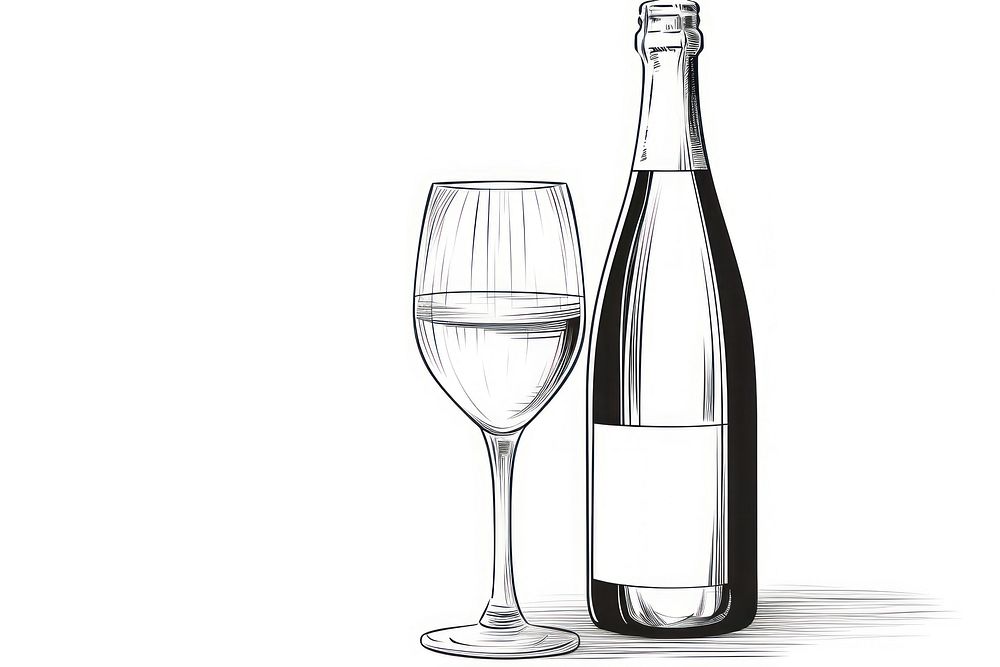 Champage outline sketch bottle glass drink.