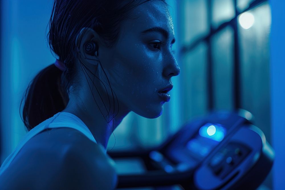 Woman listening music and running on treadmill adult illuminated photography.