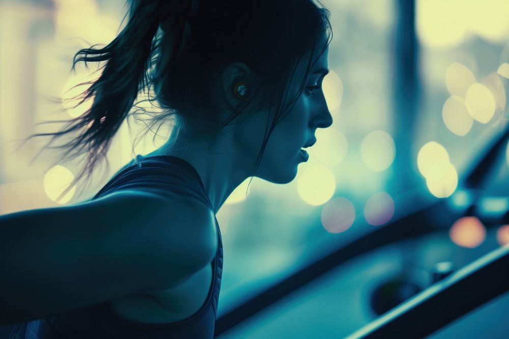 Woman listening music and running on treadmill adult photography exercising.