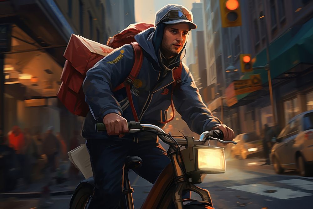 Courier on a bicycle city vehicle helmet.