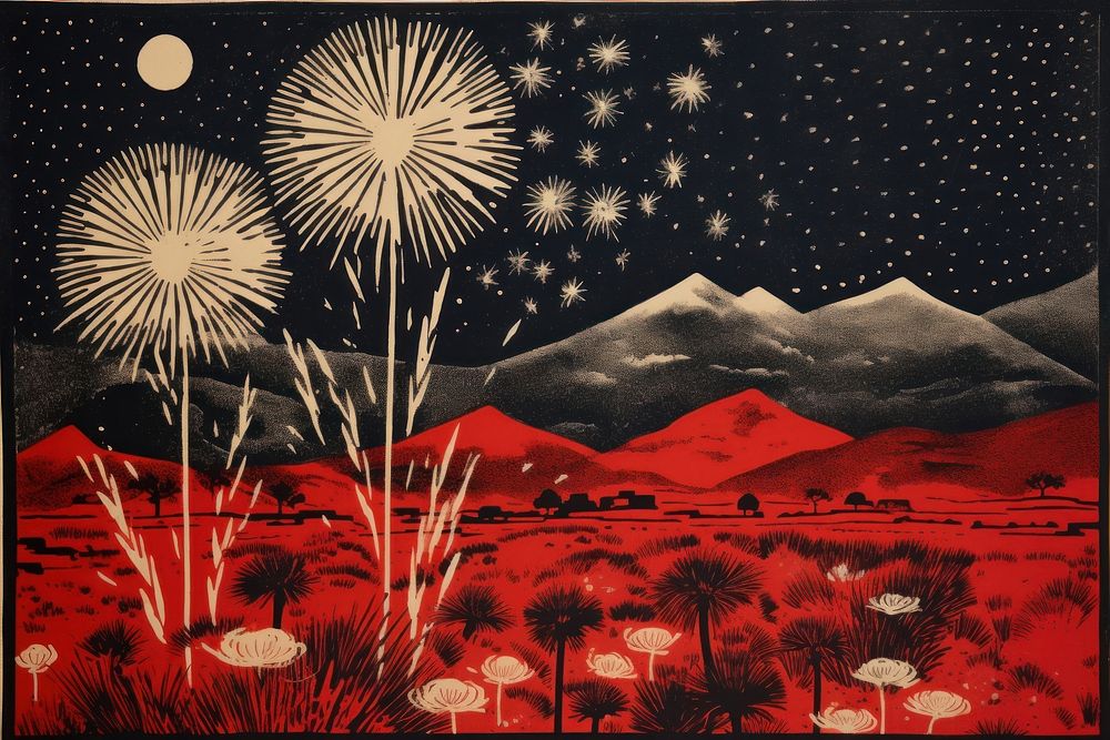 Desert scene fireworks painting outdoors.