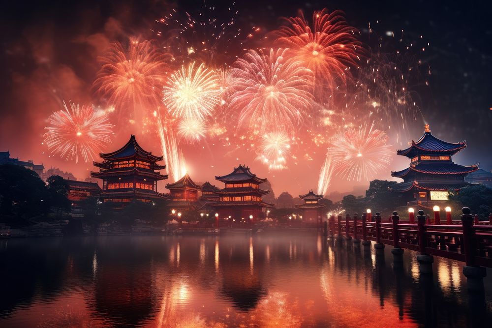 Fireworks Chinese Style architecture illuminated celebration.