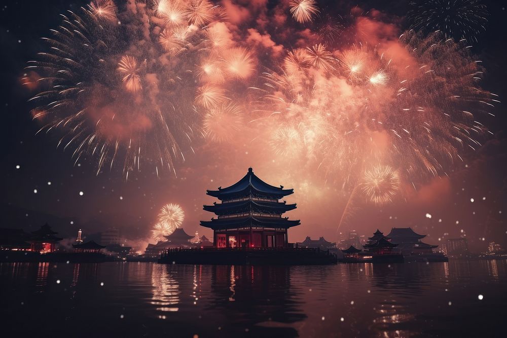 Fireworks Chinese Style architecture illuminated celebration.