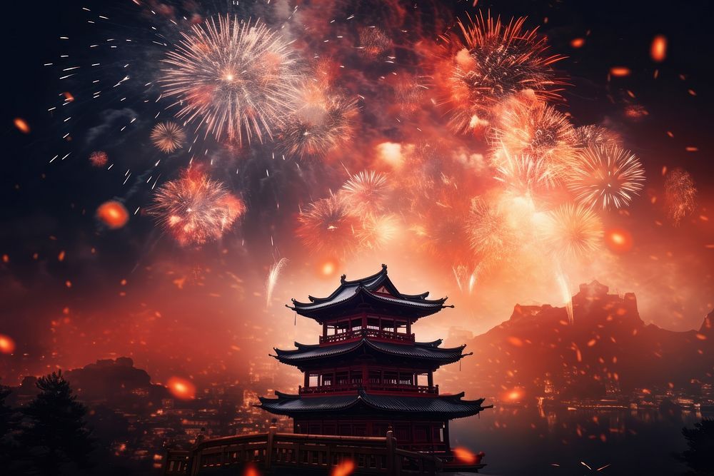 Fireworks Chinese Style architecture outdoors pagoda.