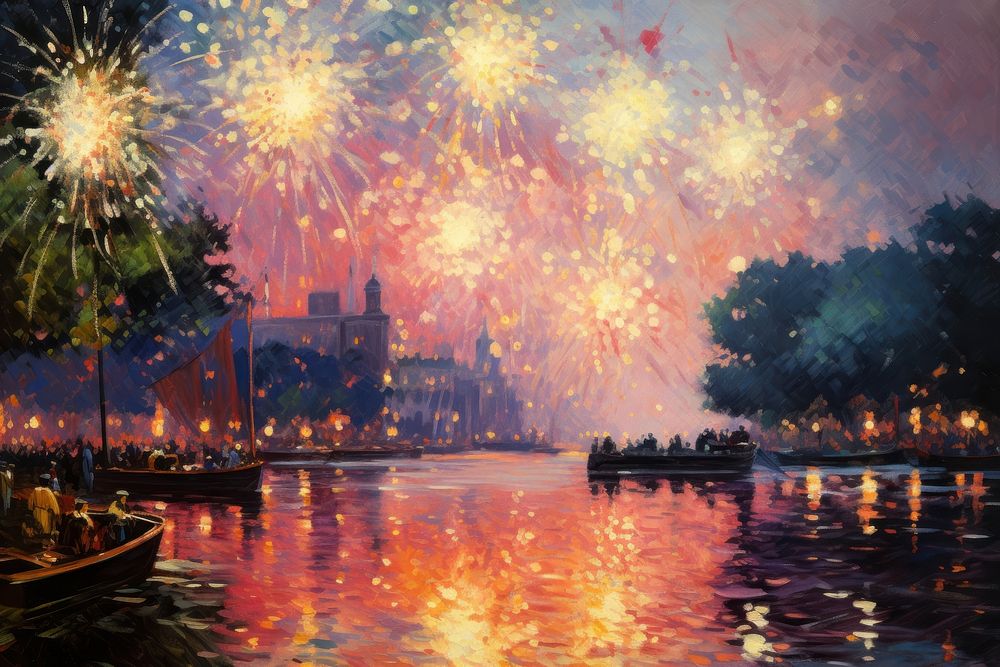 Fireworks painting outdoors city.