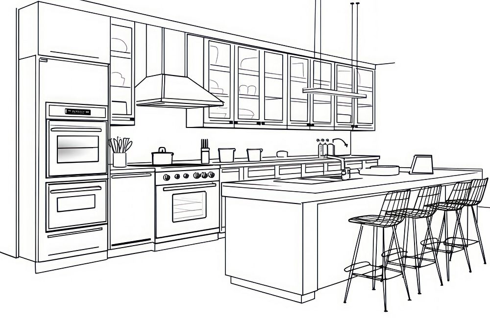Kitchen thin outline sketch line vector furniture appliance microwave.