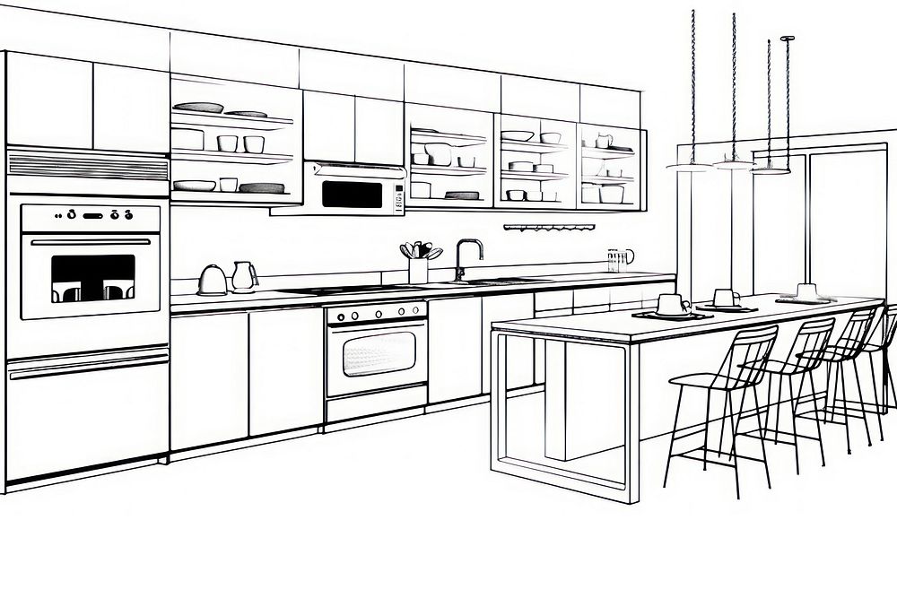 Kitchen thin outline sketch line vector furniture sink architecture.