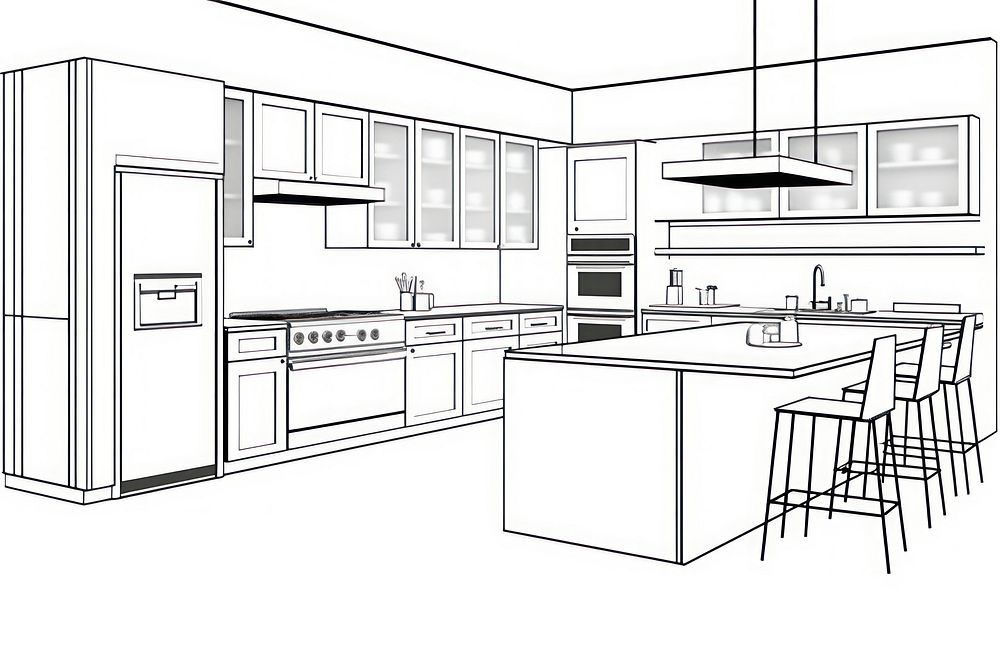 Kitchen thin outline sketch line vector furniture cabinet sink.