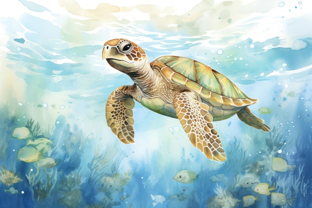 Blue sea watercolor background swimming reptile animal.