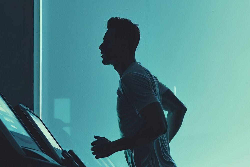Man listening music and running on treadmill exercise fitness sports.