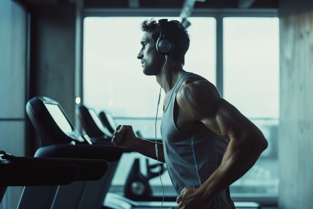 Man listening music and running on treadmill headphones exercise fitness.