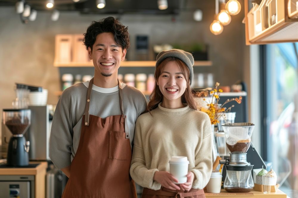 Happy Male And Female Staff In Coffee Shop coffee female adult.