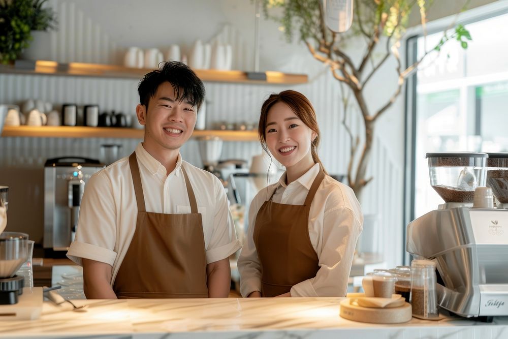 Happy Male And Female Staff In Coffee Shop coffee togetherness entrepreneur.