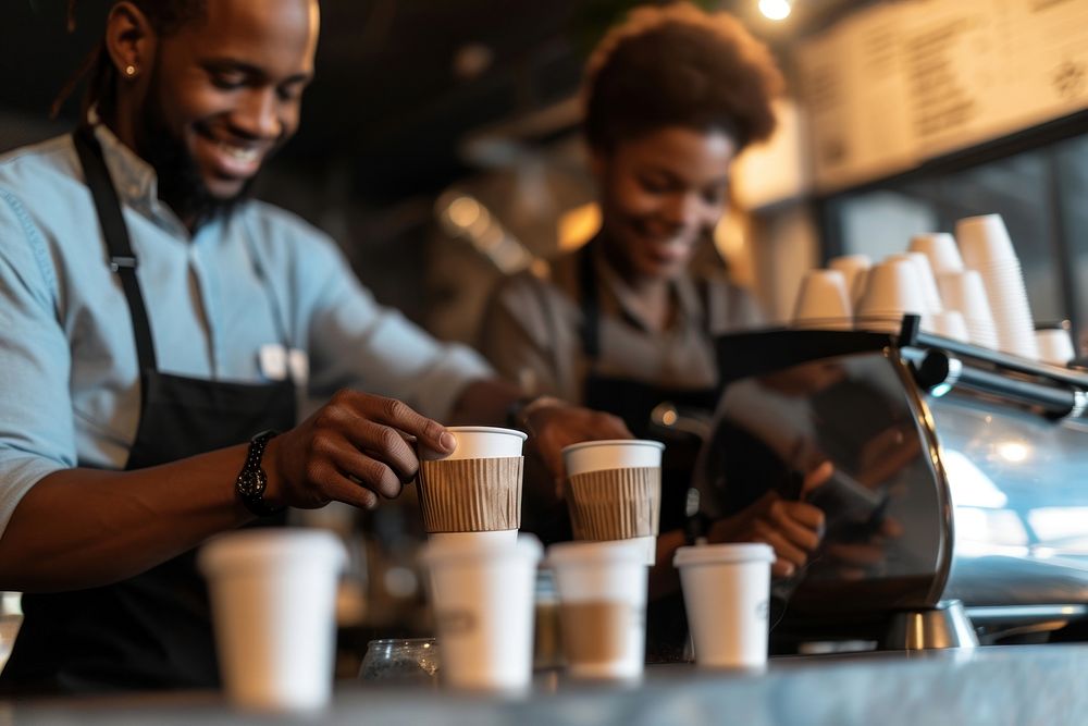 Black male and female staff In Coffee Shop coffee adult cup.