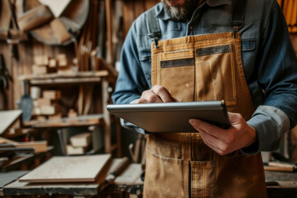 Carpenter man standing in his workshop adult craftsperson entrepreneur.