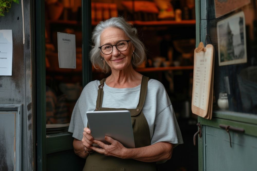 Senior woman holding tablet and standing at doorway of her coffee shop glasses adult happy.