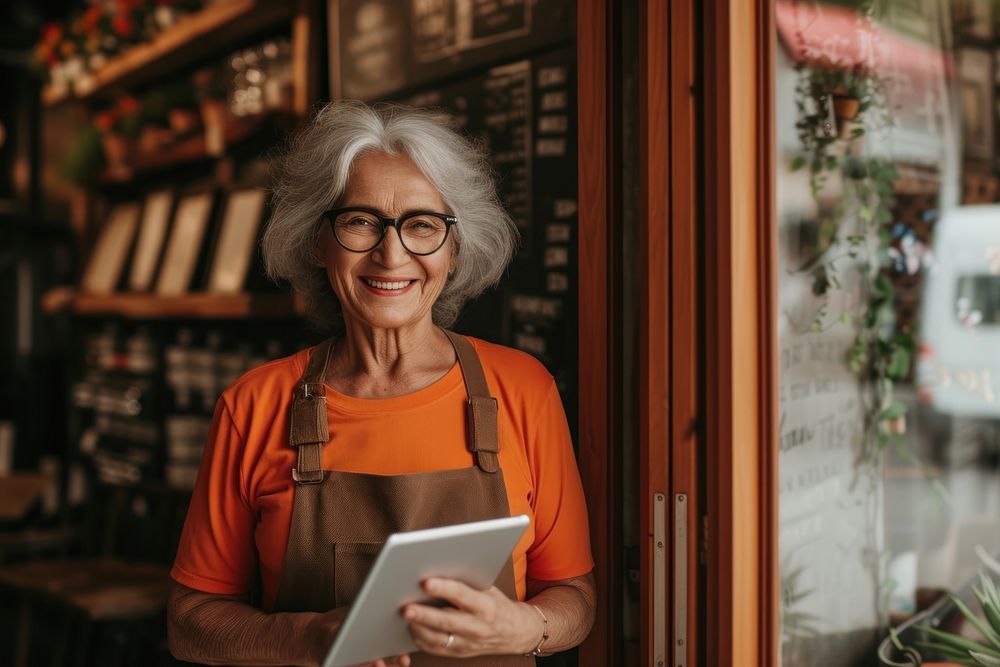 Senior woman holding tablet and standing at doorway of her coffee shop glasses adult happy.