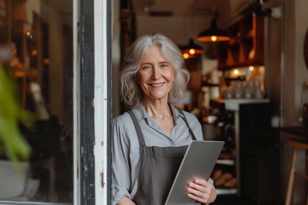 Senior woman holding tablet and standing at doorway of her coffee shop adult entrepreneur electronics.