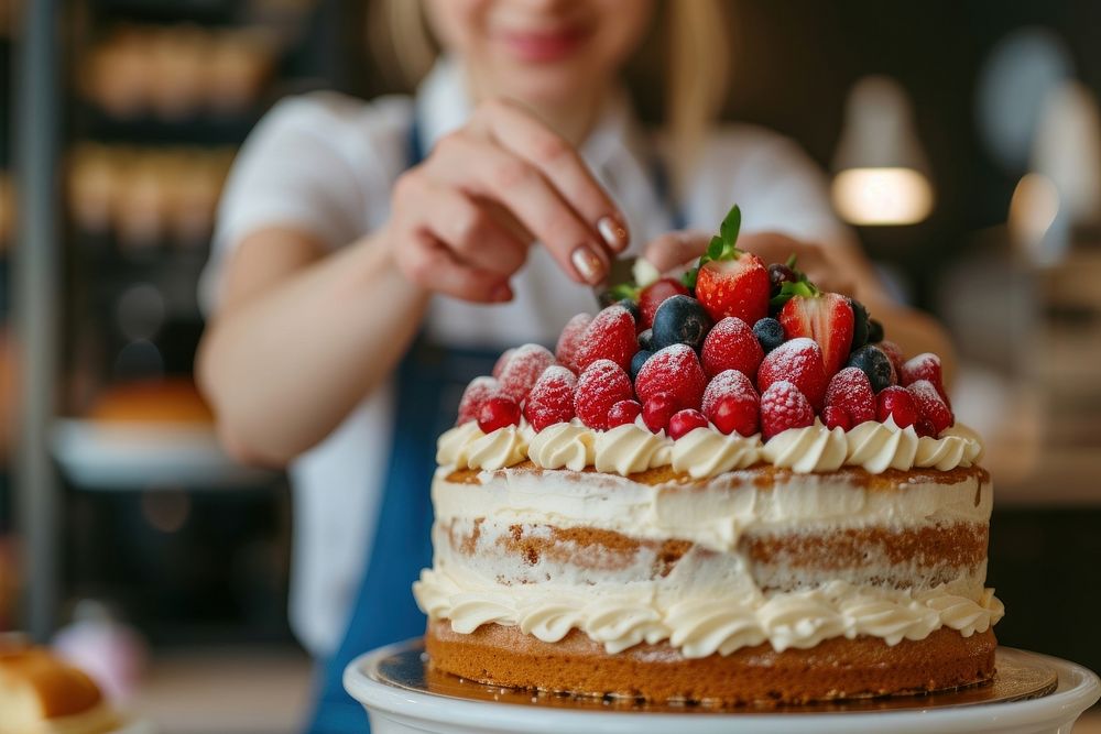 Woman make a cake in bakery shop cheesecake dessert cream.