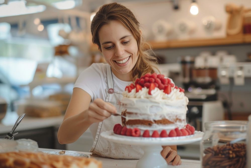 Woman make a cake in bakery shop dessert food entrepreneur.