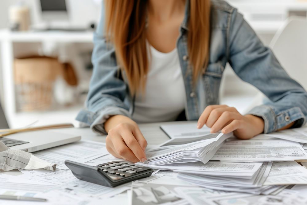Woman checking bills and doing budget with calculator document paper technology.
