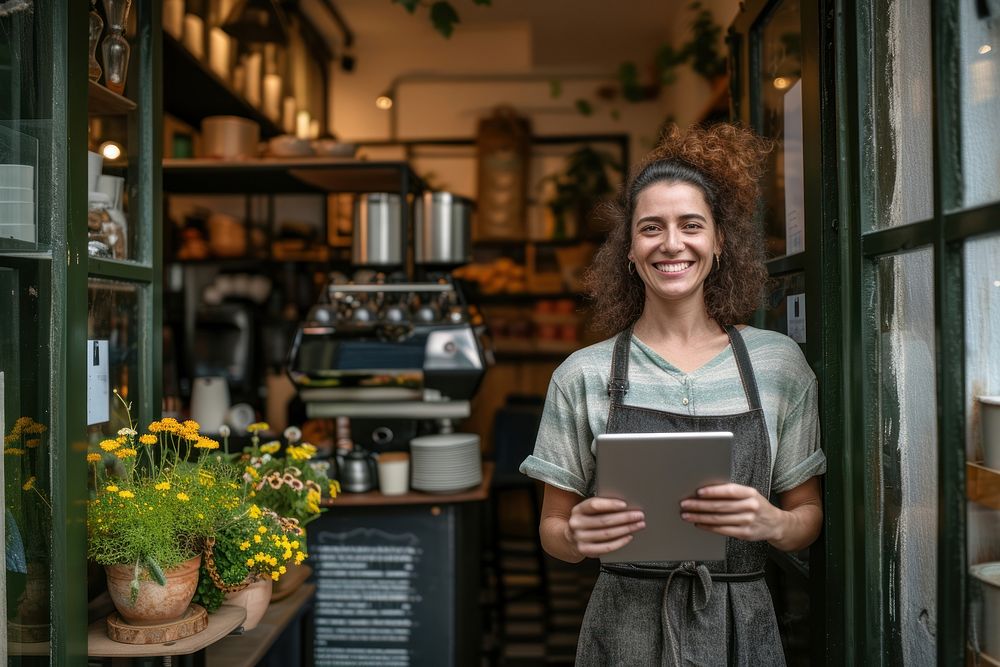Woman holding tablet and standing at doorway of her coffee shop adult entrepreneur architecture.