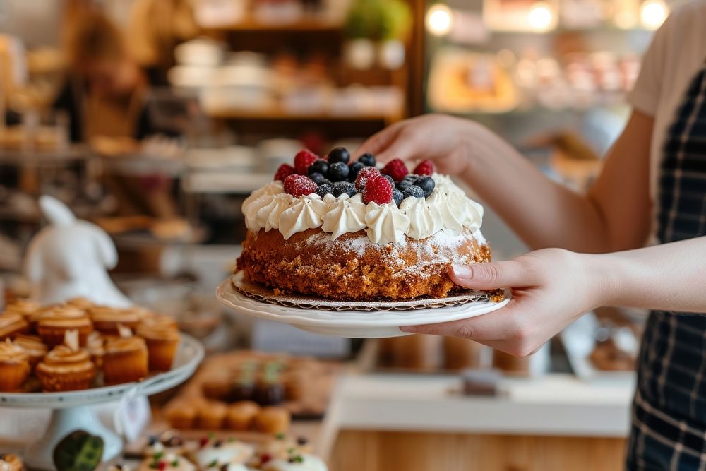 Woman serving a cake to customer dessert bakery adult.