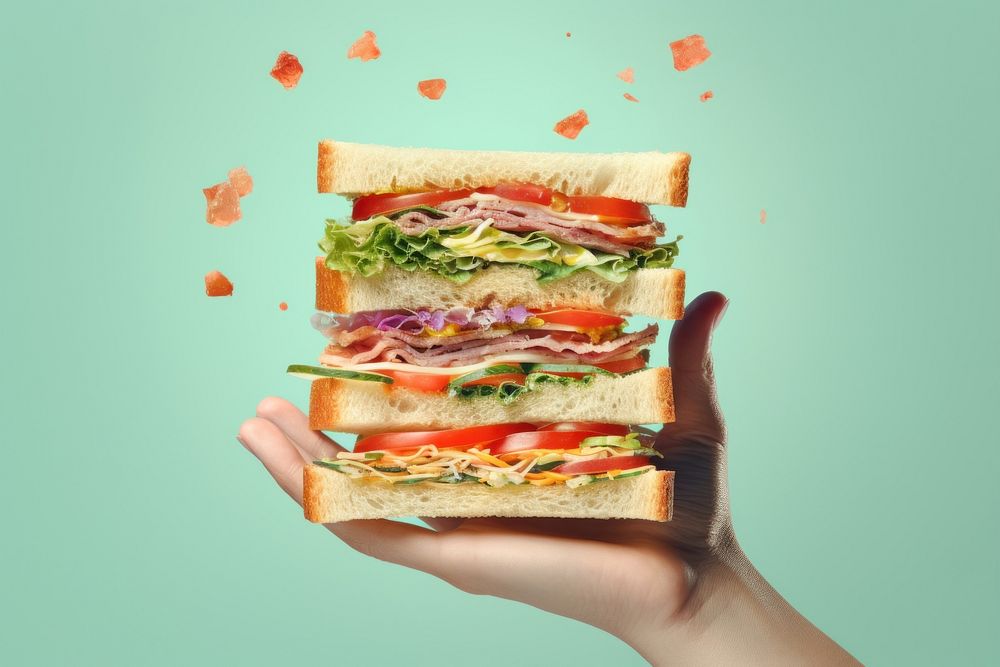 Hand holding club sandwich bread lunch food.
