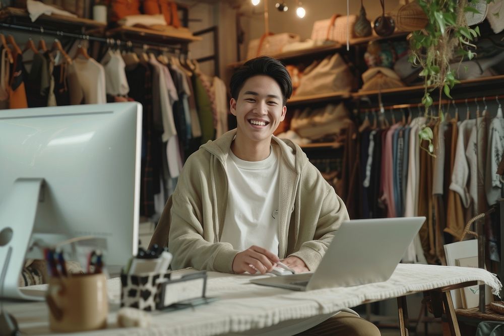 Man using computer workshop fashion laptop.
