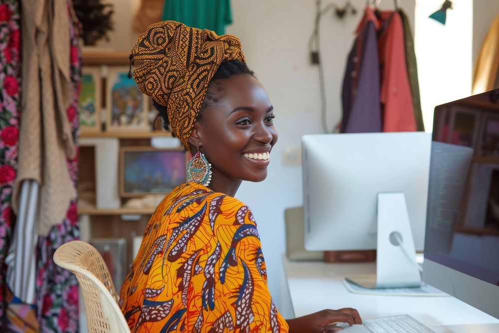 African working woman using computer smile adult happy.