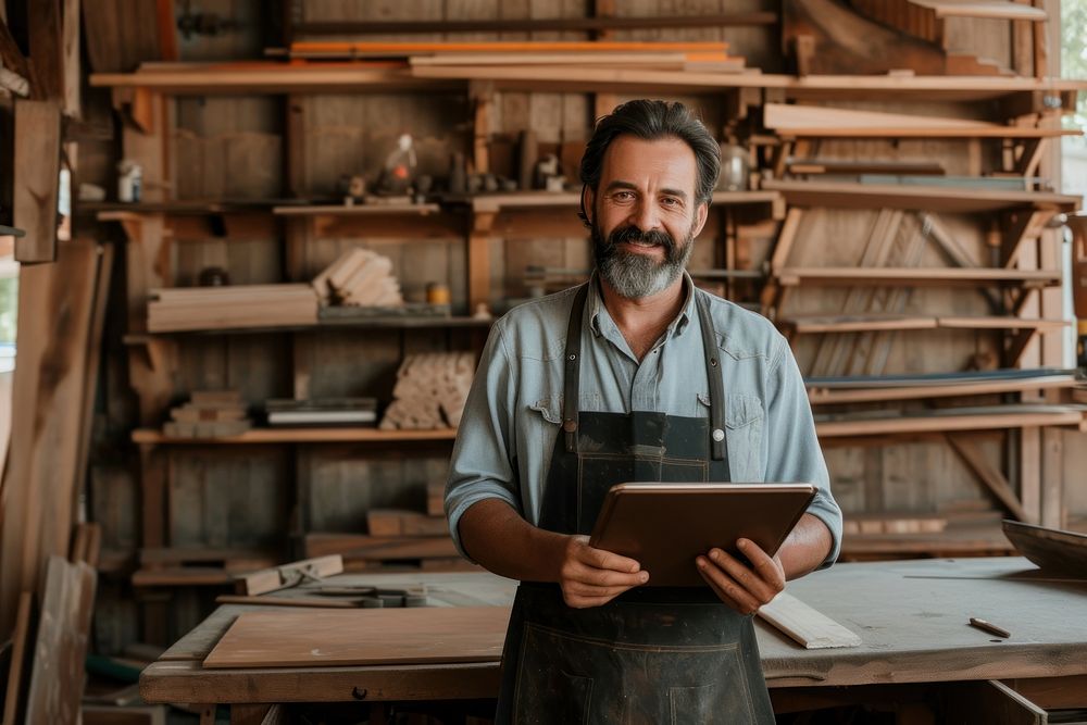 Carpenter man standing in his workshop adult concentration entrepreneur.