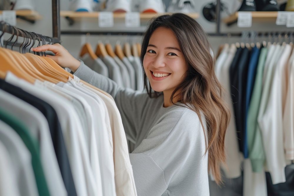 Woman checking clothes stock looking smile adult.