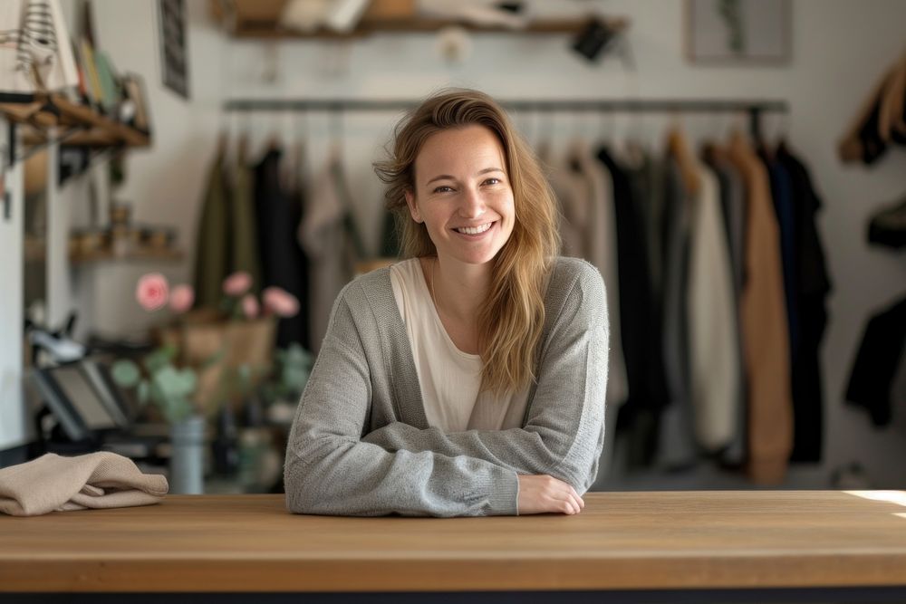 Woman working in clothes shop leaning on counter adult smile happy.