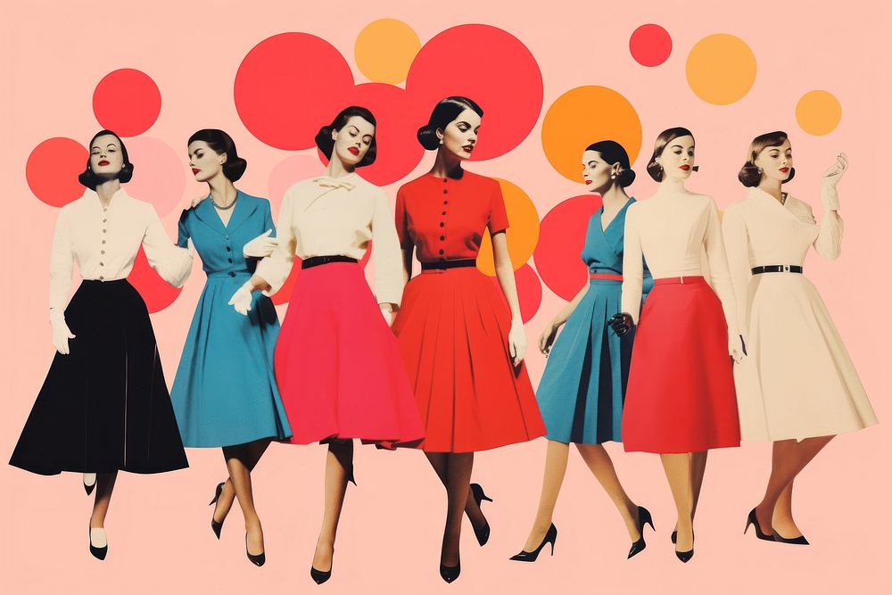 Retro collage of women movement adult dress skirt.