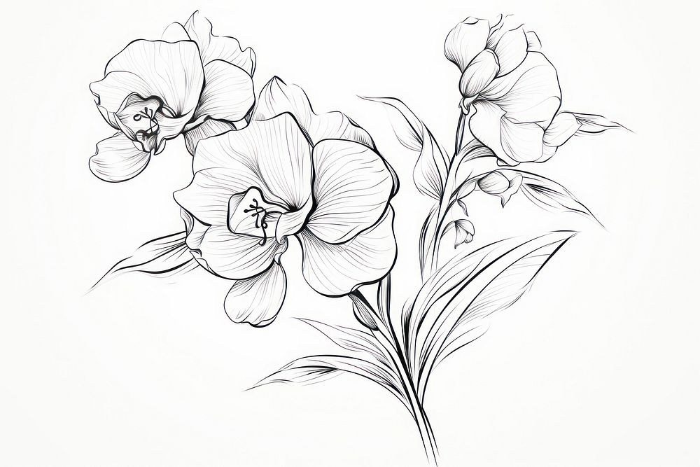 Orchid outline sketch drawing white inflorescence.