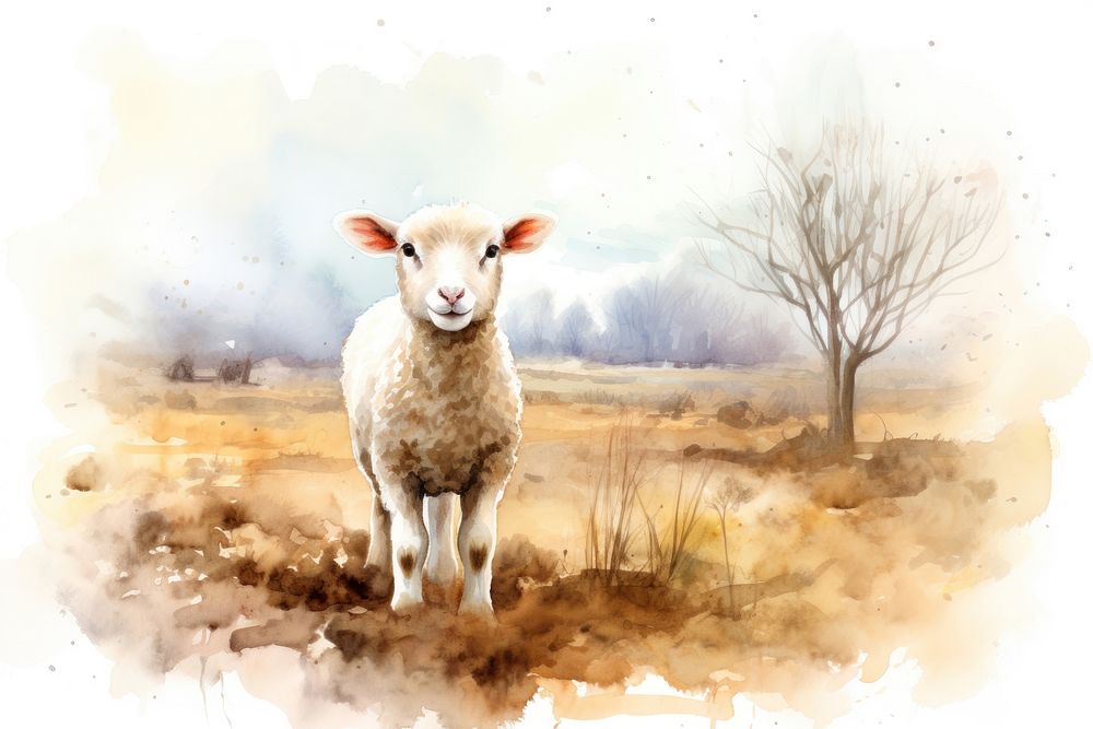 Farm landscape watercolor background livestock outdoors painting.