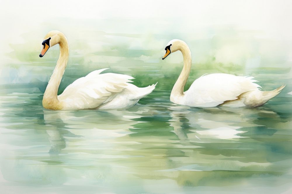 Canel watercolor background swan swimming painting.