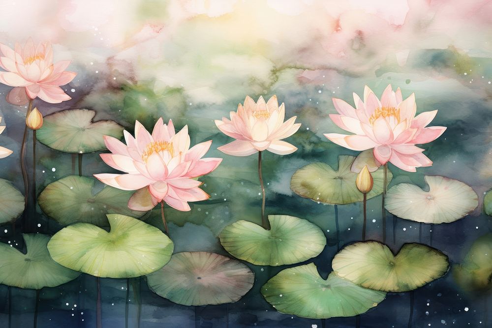 Water lilies watercolor background painting flower plant.