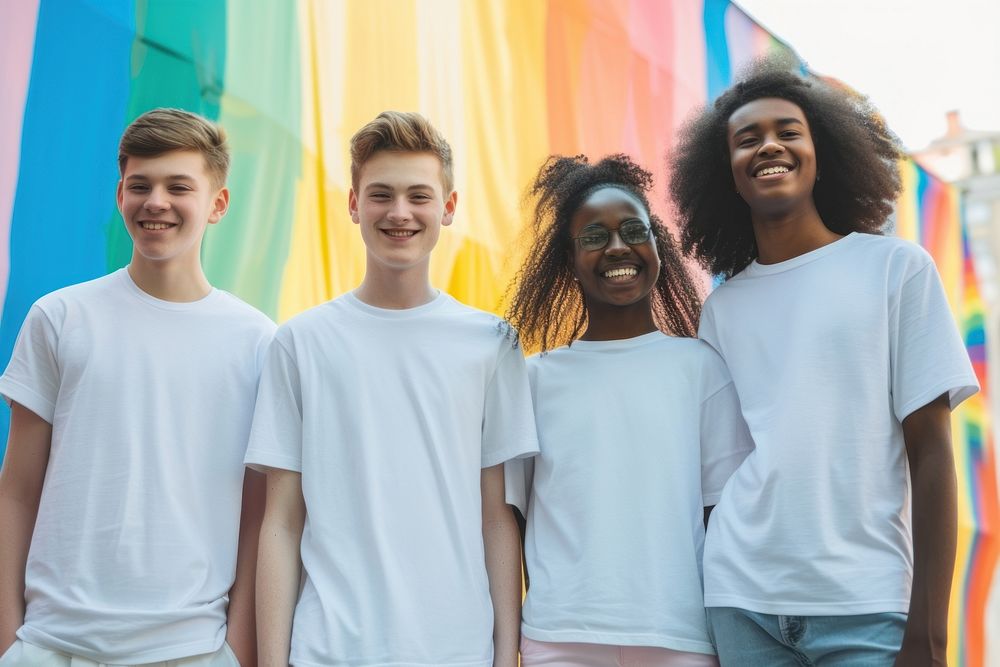 Diverse teen men and women standing smiling laughing portrait people.