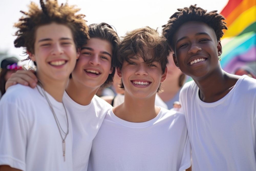 Diverse teen men standing smiling laughing portrait people.