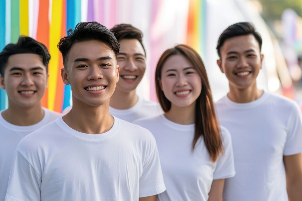 South east asian men and women standing smiling portrait people adult.