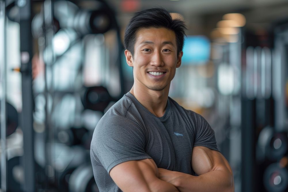 Asian multi ethnic personal trainer at gym smile adult determination.