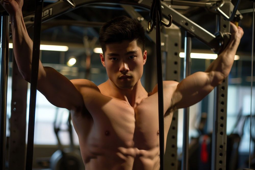 A asian man work out at gym sports weightlifting determination.