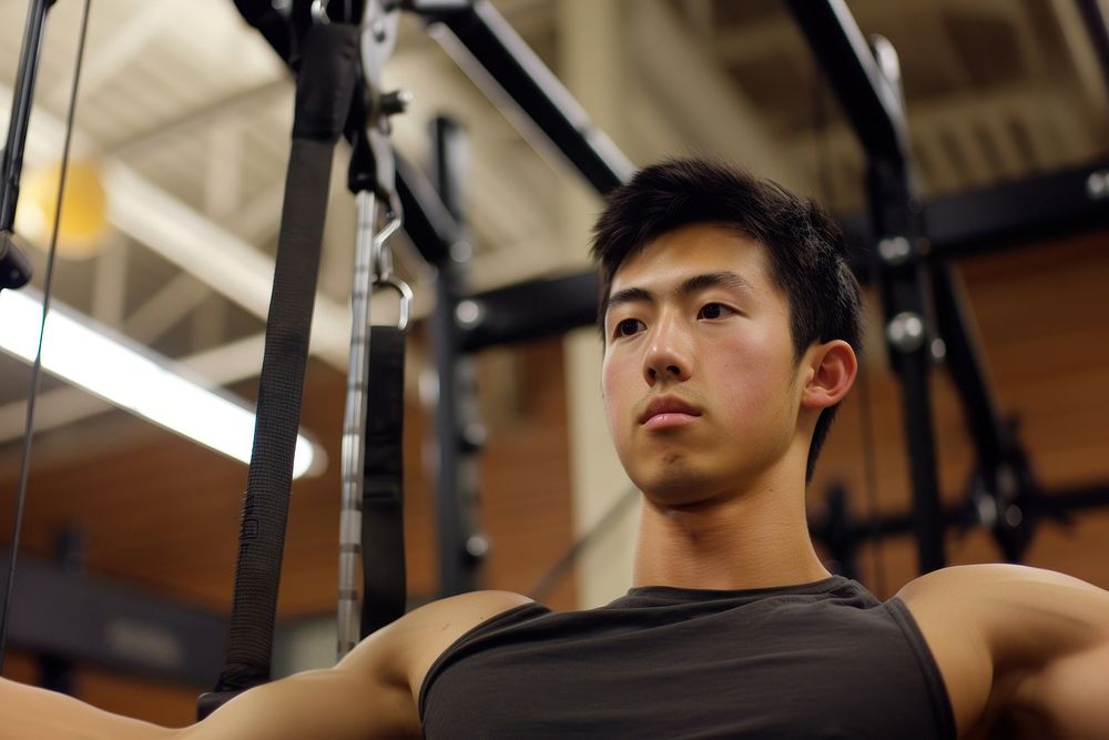 A asian man work out at gym sports transportation determination.