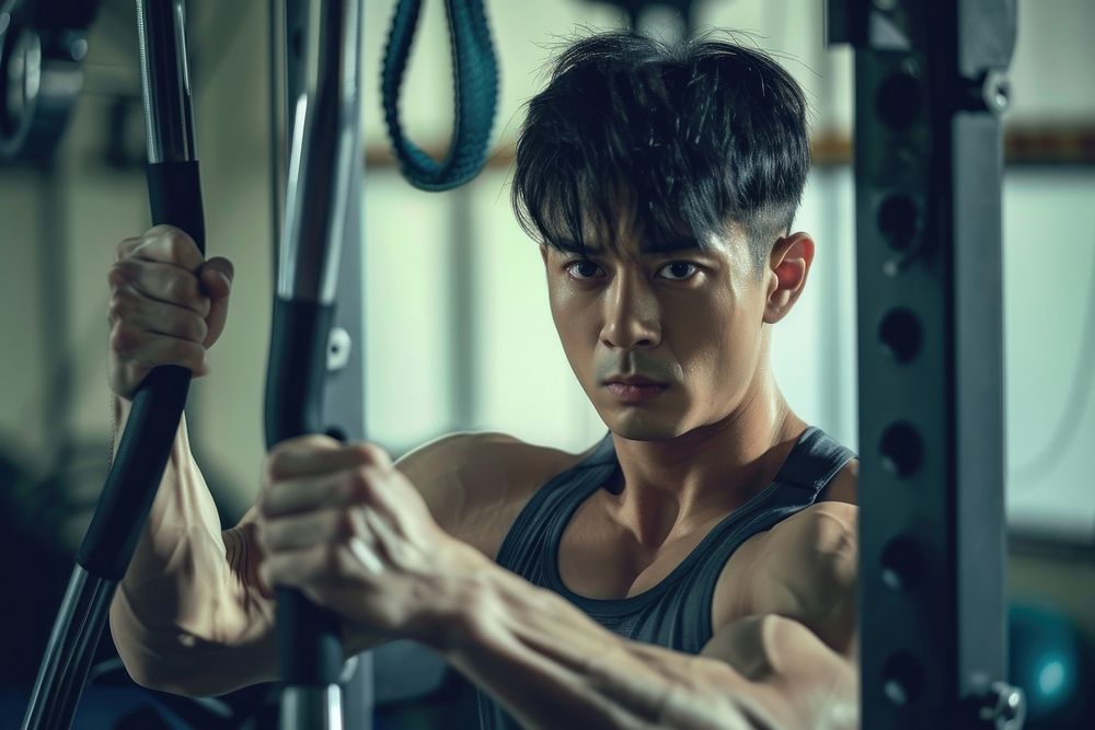 A asian man work out at gym determination concentration weightlifting.