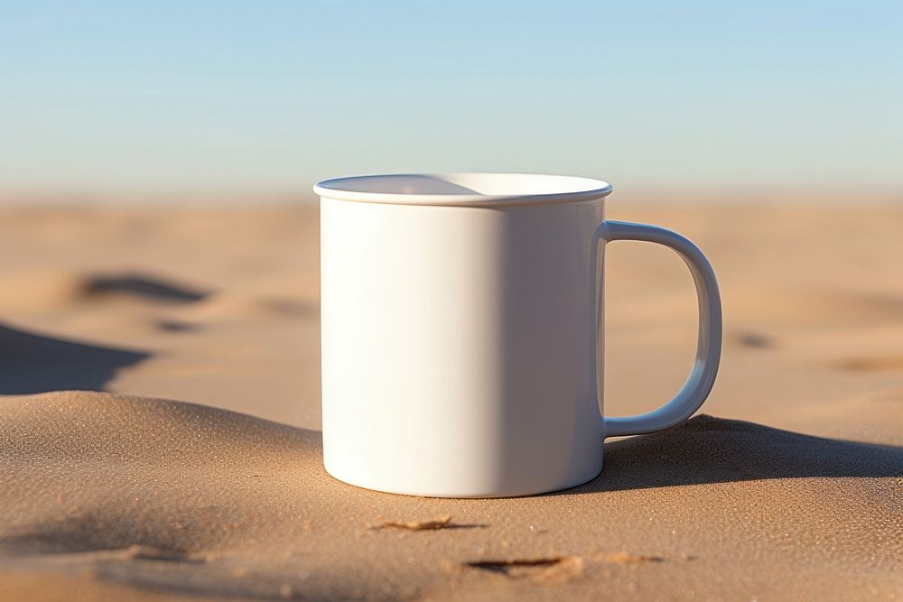 Enamel Coffee Mug on Sand Mockup coffee mug sunlight.
