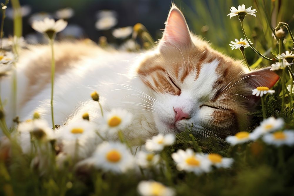 Cat sleeping on meadow nature flower outdoors.