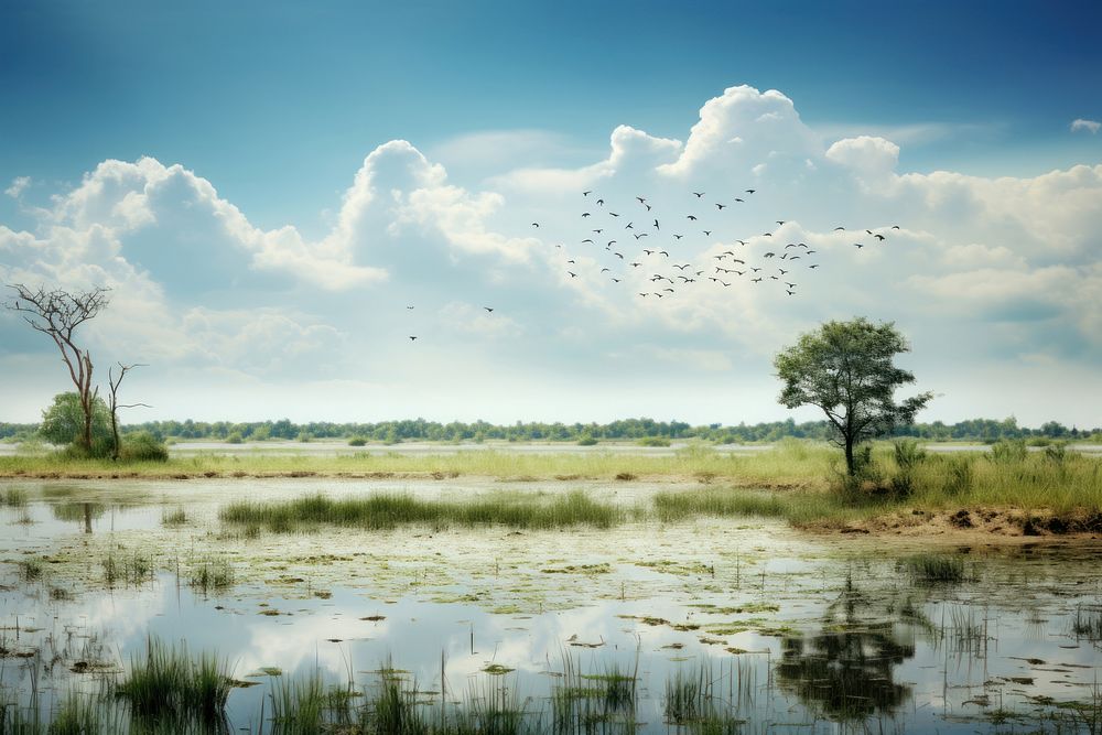 Wetlands landscape nature sky.